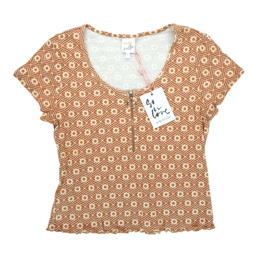 NWT Belle Du Jour Brown Short Sleeve Top Women's 1/4 Zip Size XL Floral Print